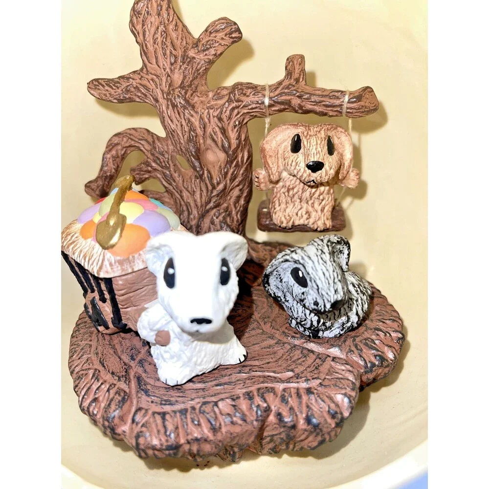 Vintage style ceramic egg diorama with woodland BUNNIES and tree swing, 7.5 inch